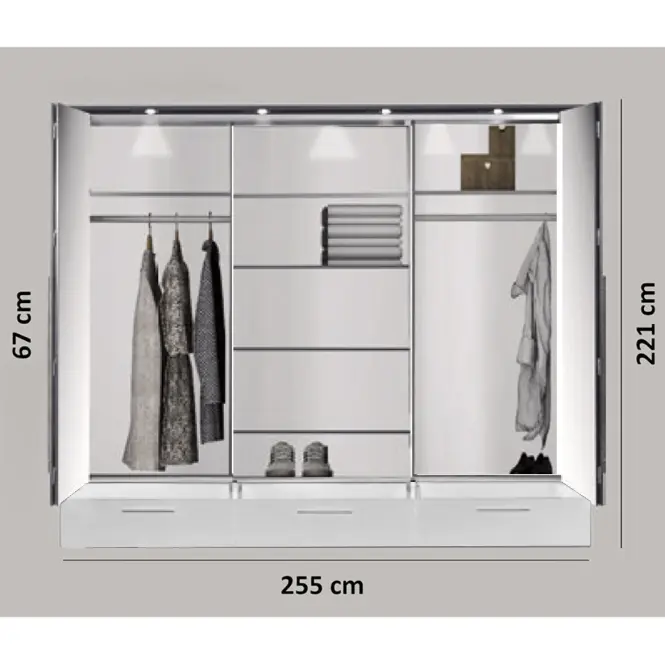 Šatní skříň Toledo 255cm Bílá/Zrcadlo