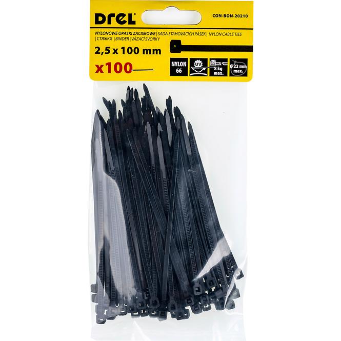 Vázací pásky 2.5 x 100 mm černé, nylon, 100 ks.       ,2