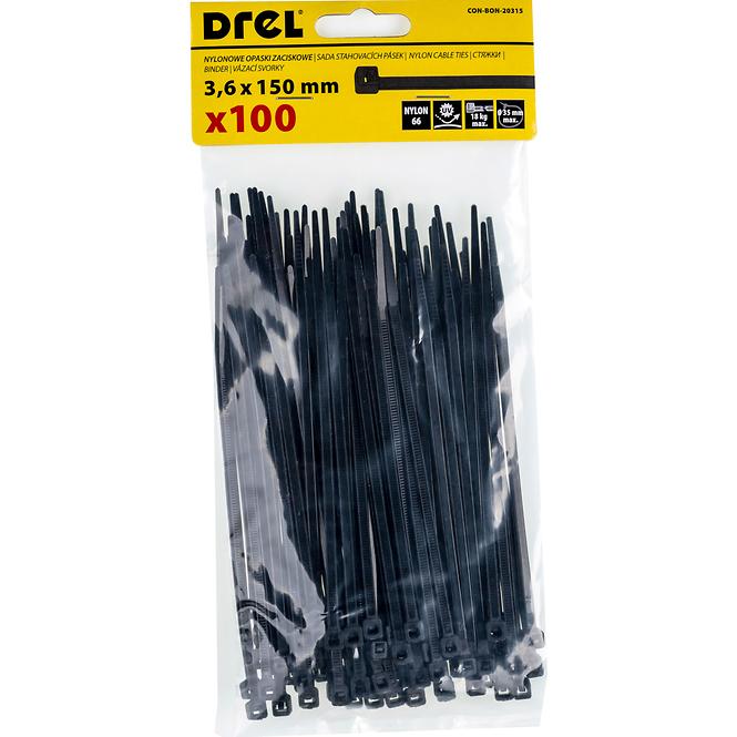 Vázací pásky 3.6 x 150 mm černé, nylon, 100 ks.       ,2