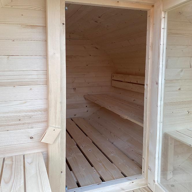 Dřevěná sauna–sud 2.4m + kamna Harvia