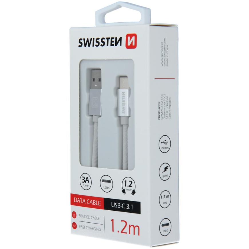 Levně Kabel datový Swissten Textile USB / USB-C 1.2 m stříbrný
