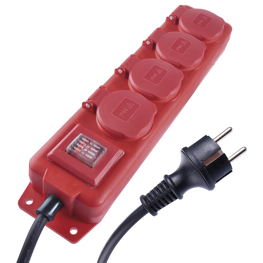 Levně Prodlužovací kabel 3 m / 4 zásuvky / s vypínačem / černo-červený / guma-neopren / 1,5 mm2