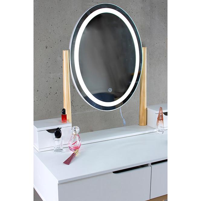 Toaletní stolek s oválným zrcadlem a LED osvětlením, béžový taburet