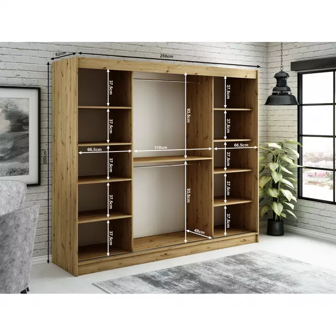 Šatní skříň Halifax T2 250 dub Artisan/černá/zrcadlo,4