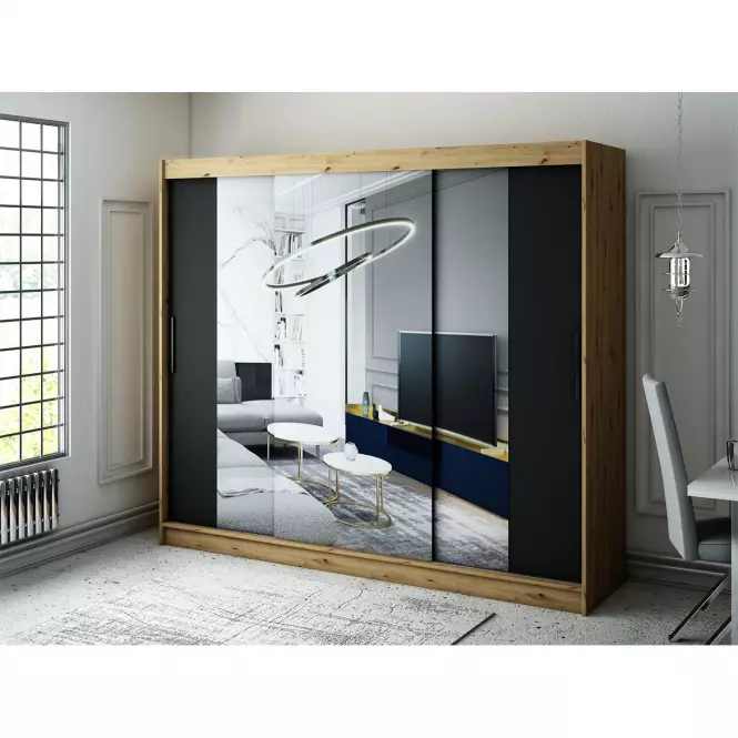 Šatní skříň Halifax T2 250 dub Artisan/černá/zrcadlo,6