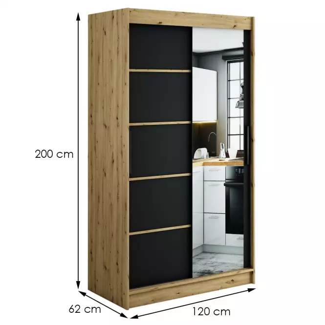 Šatní skříň Halifax V2 120 dub Artisan/černá/zrcadlo,5