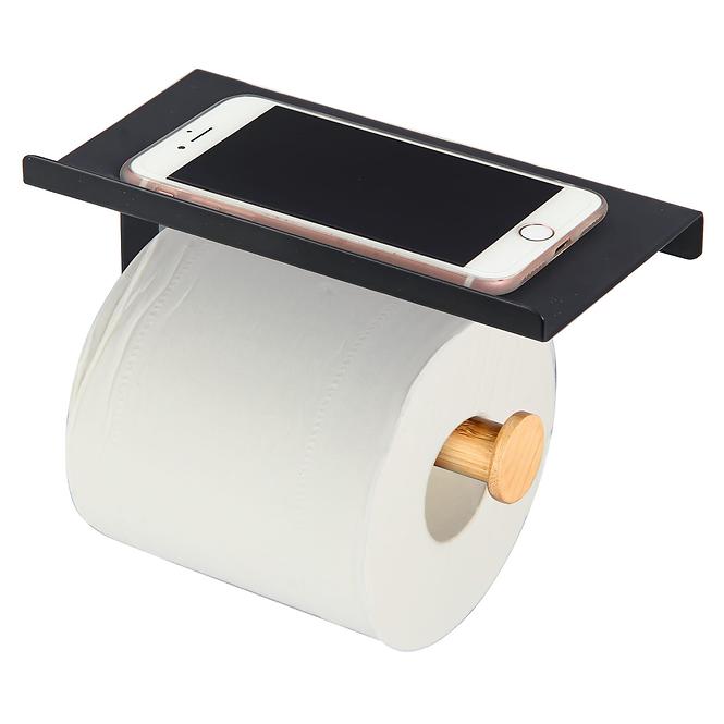 Držák toaletního papíru s poličkou Wood černý 18x9.7x7.5cm