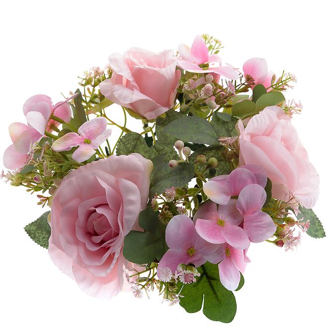 Umělý věnec - růže a hortenzie světle růžová