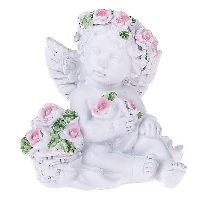 Polyresinový anděl s růžovými květy 5cm