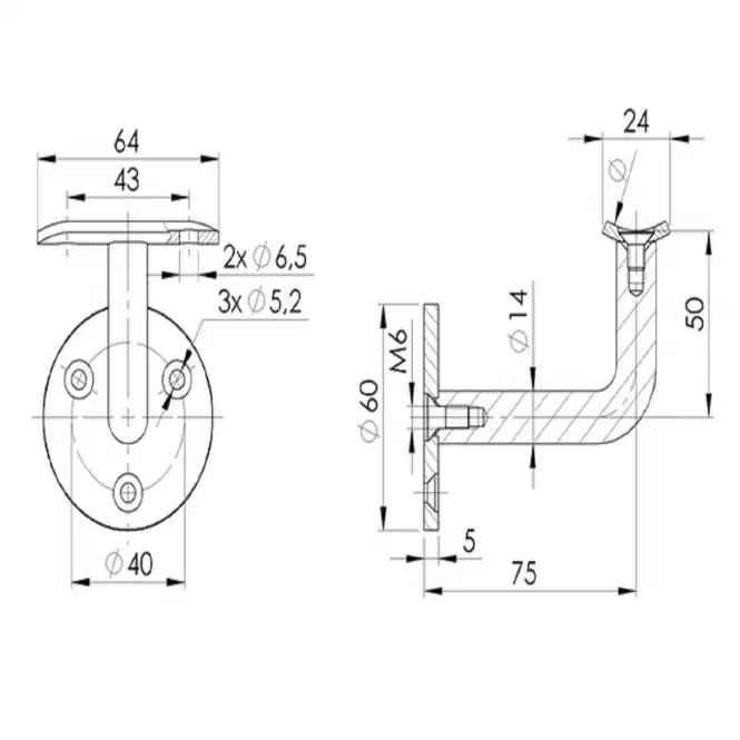 Držák zábradlí na zeď 42,4mm 3 montážní body S112 