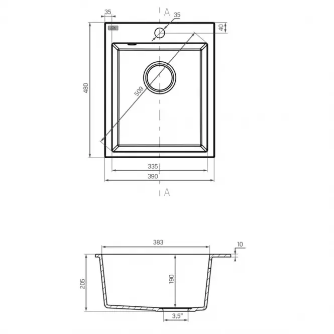 Dřez granitový Lot 48x39 Černá + Sifón