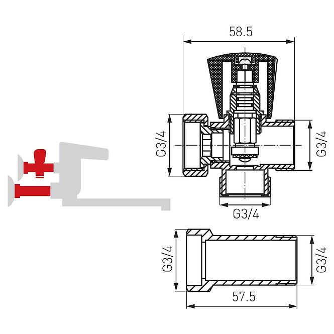 Rozbočovací přívodní ventil pro nástěnné baterie 3/4˝,2