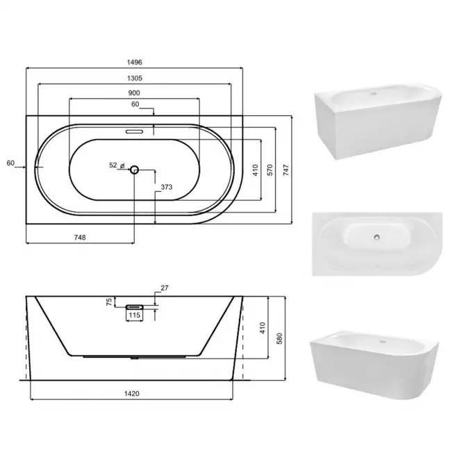 Vaňa Avita A-Line 150/75 Leva+Click Hodiny Zlatá S Tenk,6