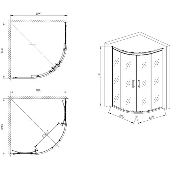 Sprchový kout čtvrtkruhový a1900w 90/170 ring