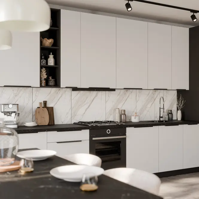 Kuchyňská linka Aria WH/BL 390 cm bez kuchyňské desky