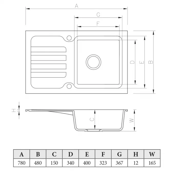 Dřez Granitový 1k 780x480 Černá