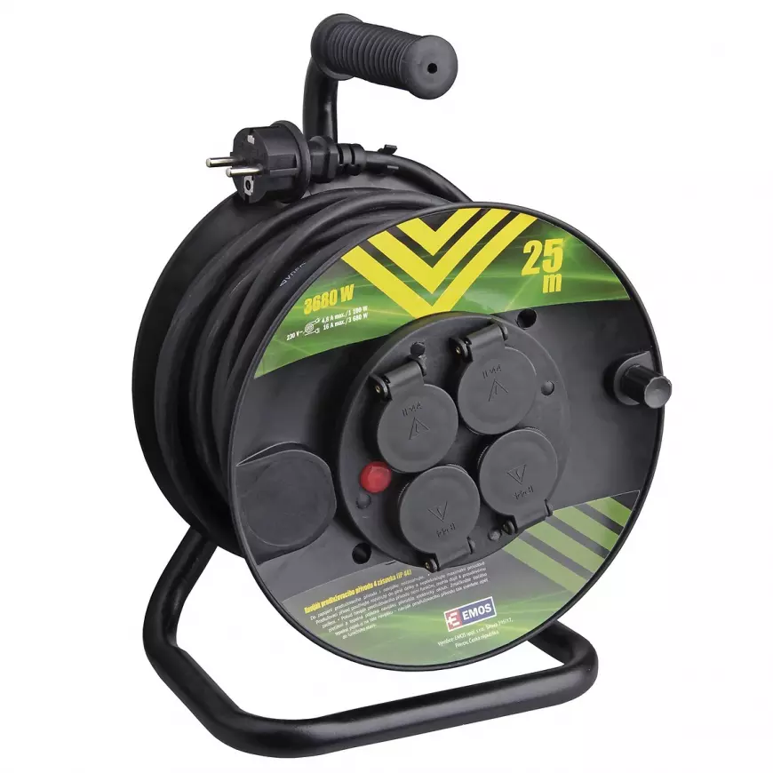 Venkovní prodlužovací kabel na bubnu 25 m / 4 zásuvky / černý / guma / 230 V / 1,5 mm2