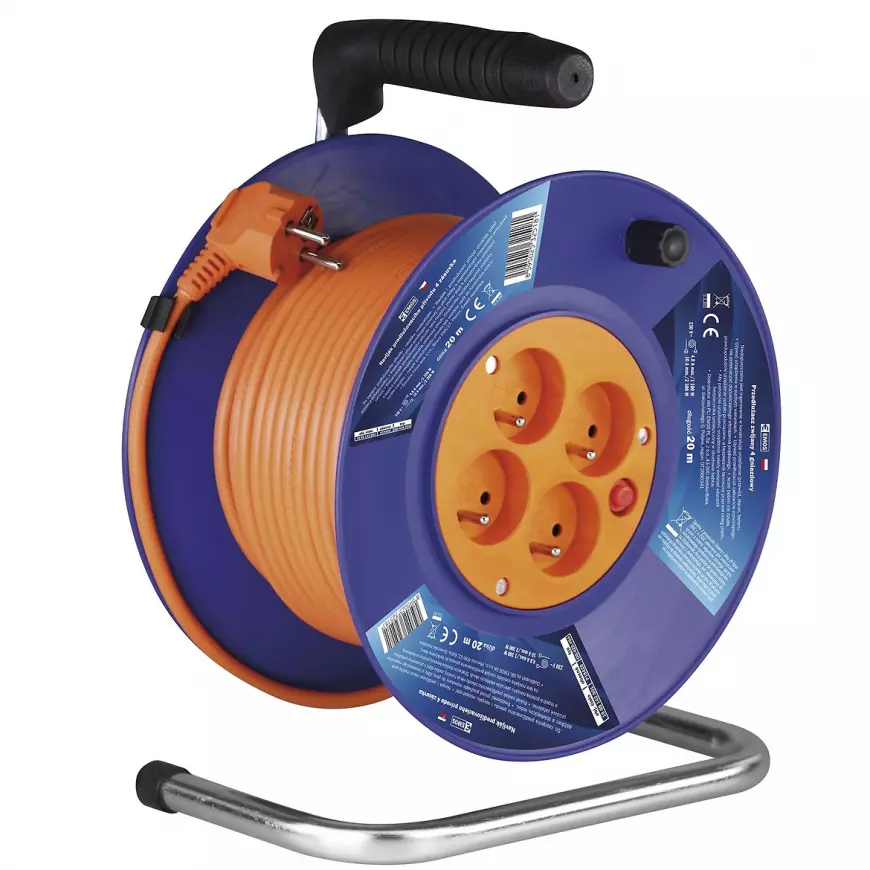 Prodlužovací kabel na bubnu 20 m / 4 zásuvky / červený / PVC / 230 V / 1 mm2