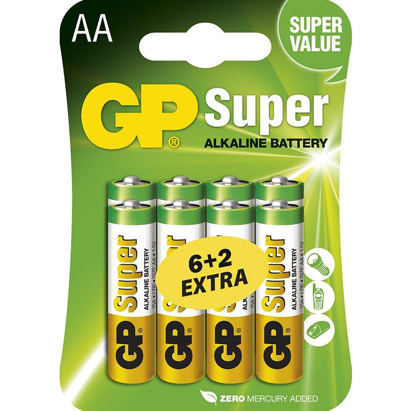 Levně Alkalická baterie GP Super AA (LR6), 6+2 ks