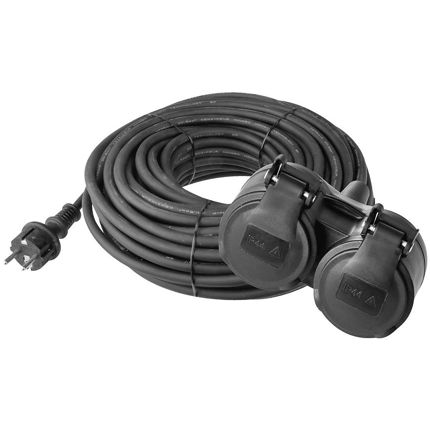 Levně Venkovní prodlužovací kabel 15 m / 2 zásuvky / černý / guma / 230 V / 1,5 mm2