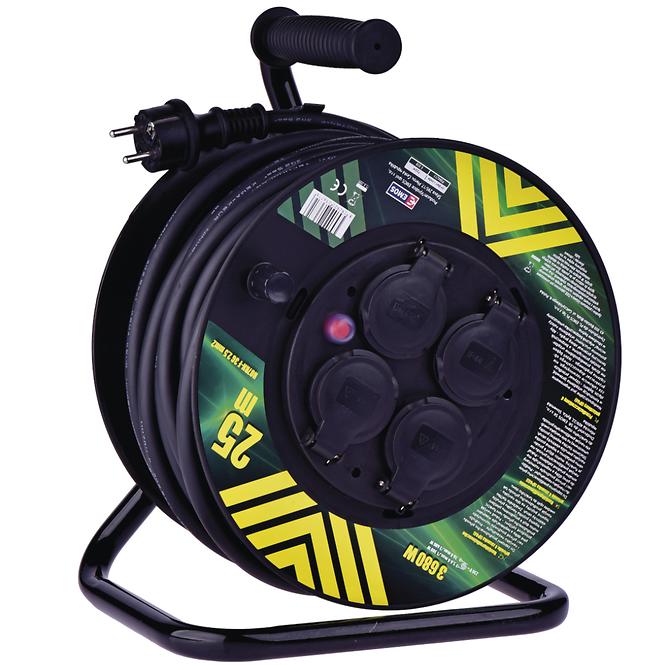 Venkovní prodlužovací kabel na bubnu 25 m / 4 zás. / černý / guma-neopren / 230V / 2,5 mm2