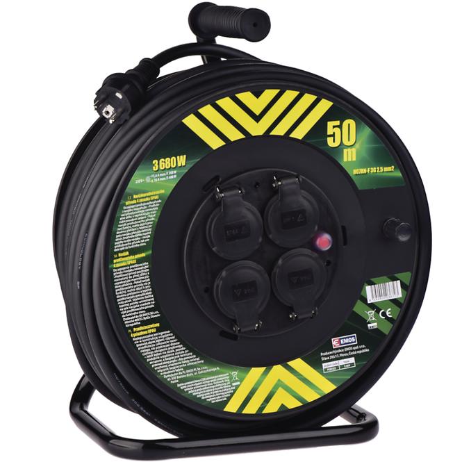 Venkovní prodlužovací kabel na bubnu 50 m / 4 zás. / černý / guma-neopren / 230V / 2,5 mm2