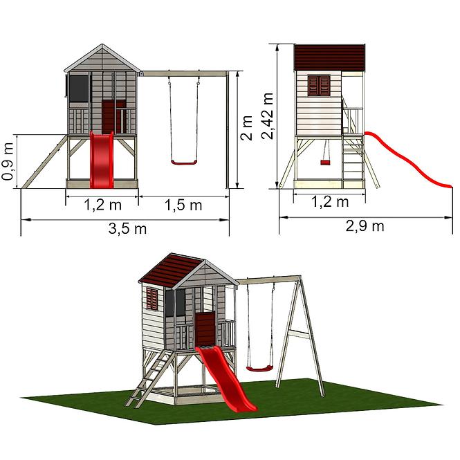 Dřevěný dětský domeček Veranda 350 cm s houpačkou