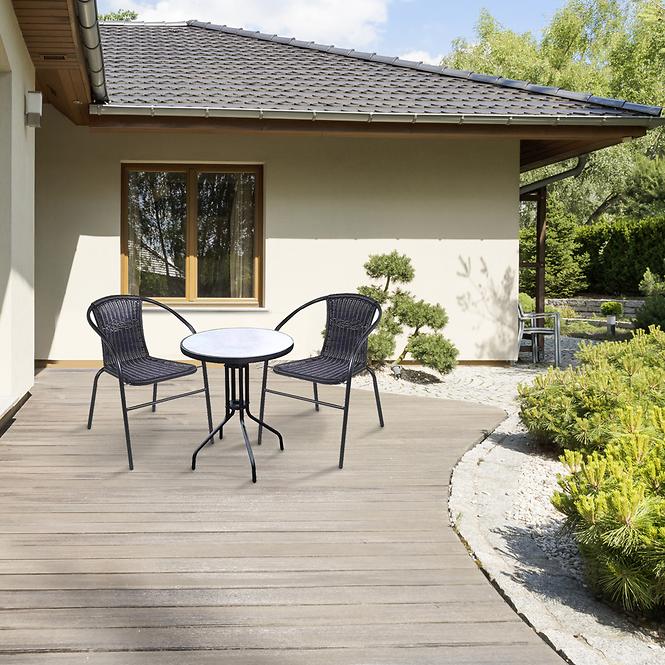 Zahradní set ratan, stůl imitace betonu a 2 černé židle 
