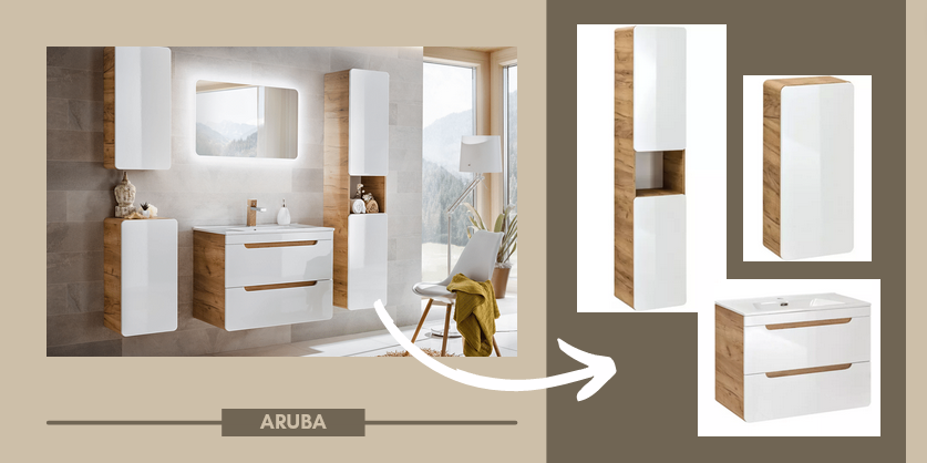 Nábytek Aruba ve světlých barvách - sestava pro umyvadlo a úložný prostor na vše potřebné do koupelny