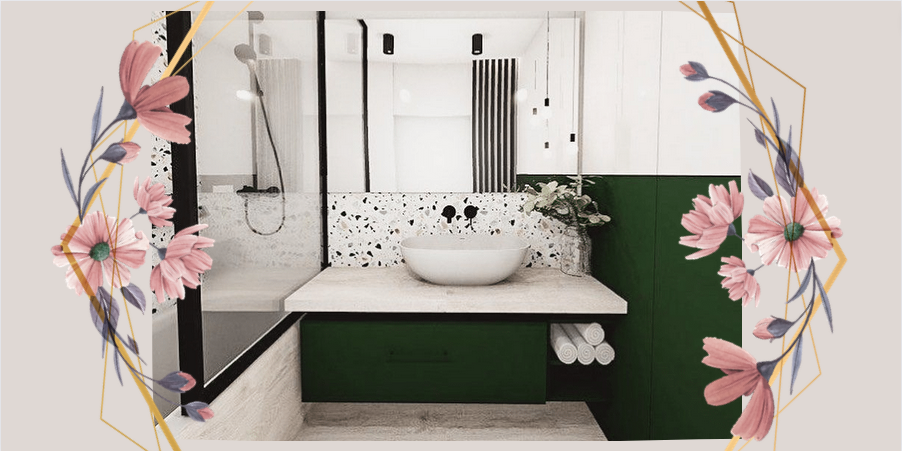 Teraco a lahvově zelená - výrazné barvy do koupelny v jedinečném provedení